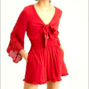 Red Tie Front Bell-Sleeve Romper from AE